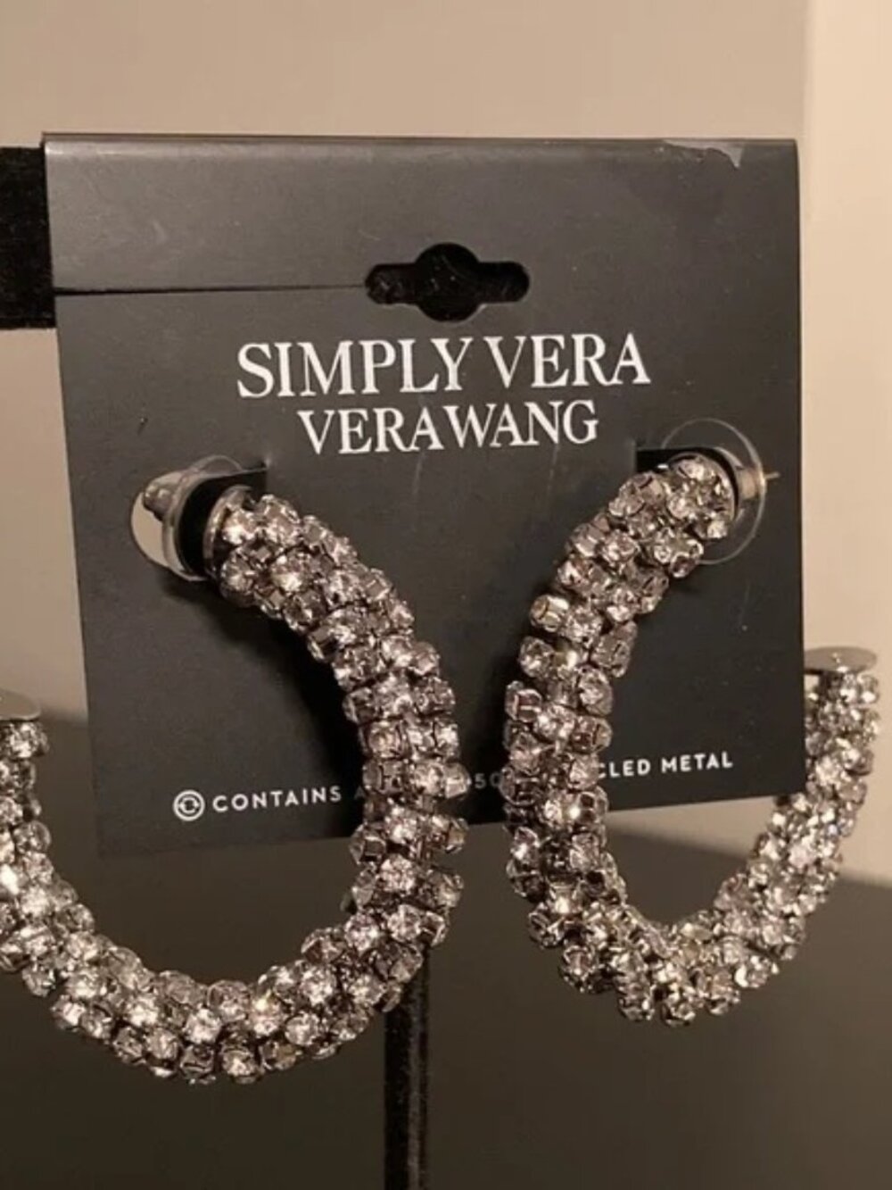 VERA WANG Glamorous Silver Clear Crystal Cluster 'C' Hoop Statement Earrings - Picture 4 of 4